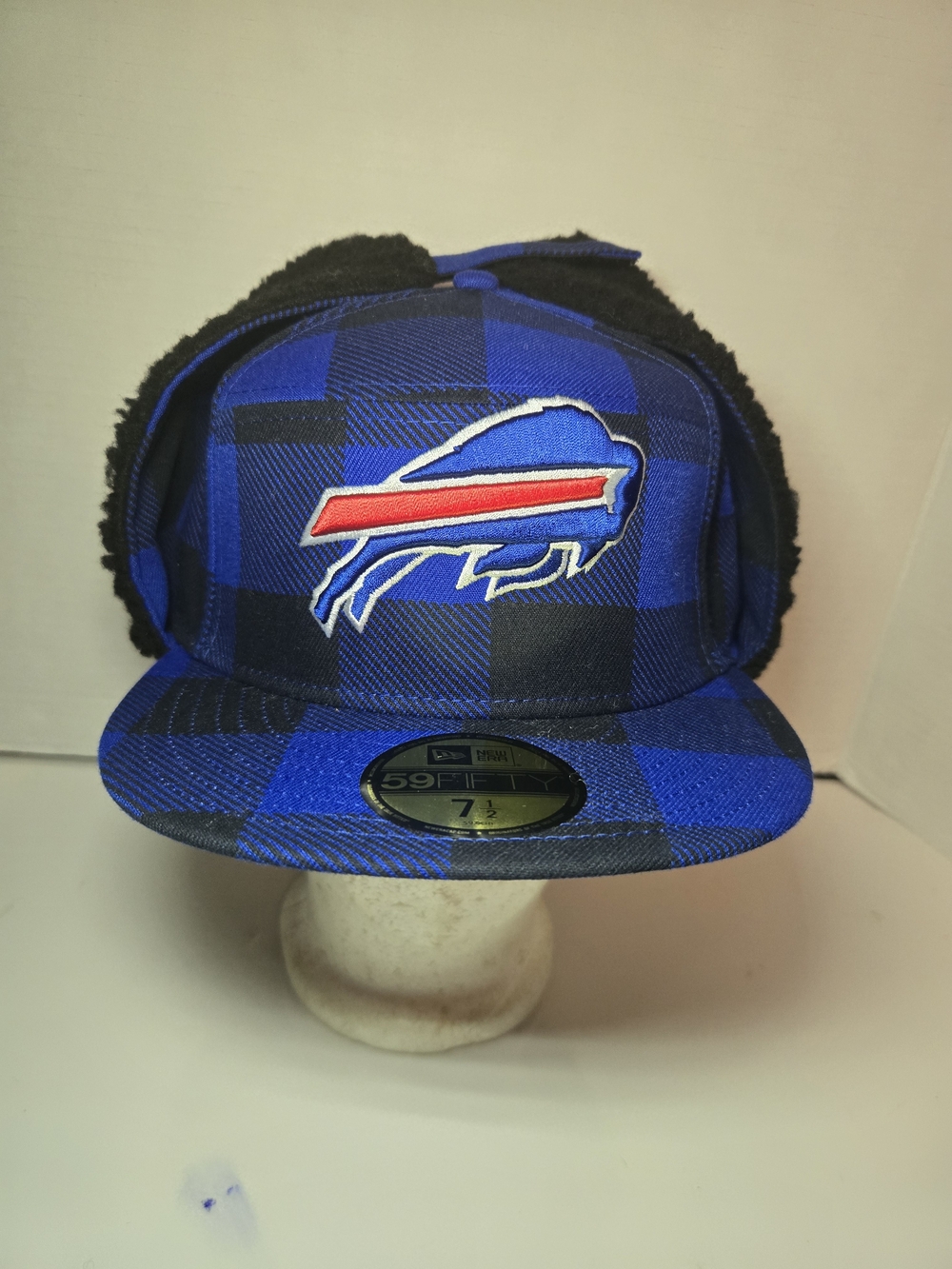New Era Blue and Black Plaid Buffalo Bills Fitted Trapper Cap